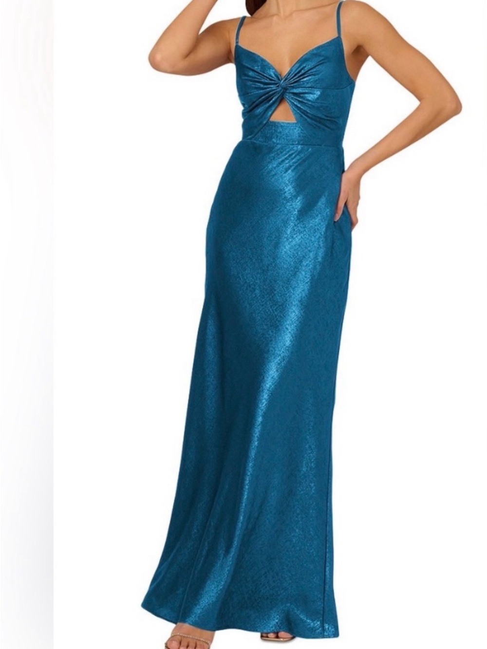 Adrianna Papell Blue Solid Woven Long Gown V-Neck Cutout Twist Size 14 NWT